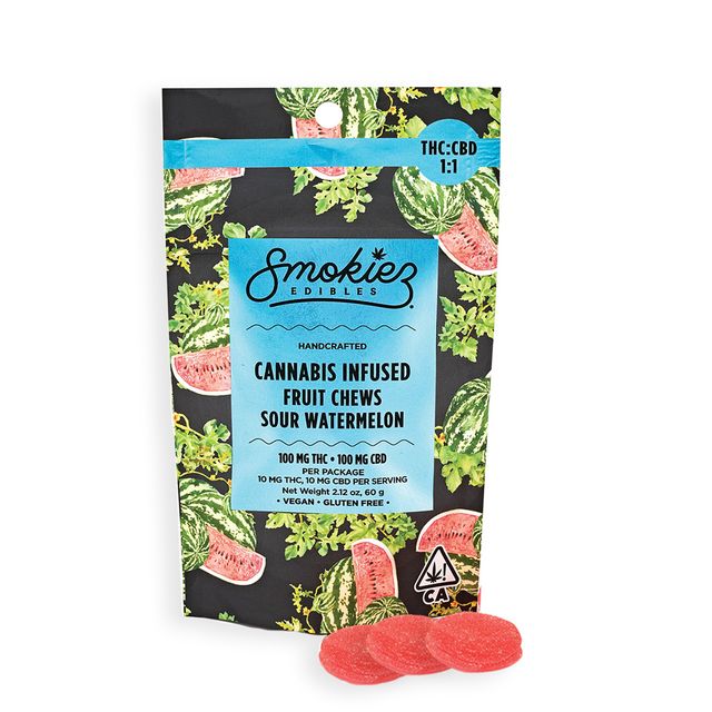 Sour Watermelon 1:1 THC:CBD Fruit Chews Smokiez